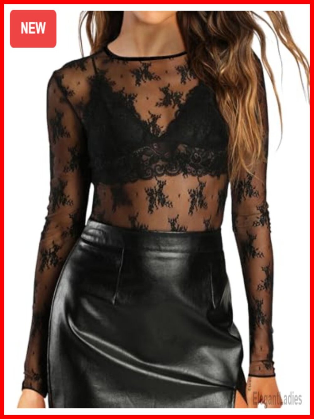Mesh Long Sleeve Top Crew Neck Sheer Lace Blouse for Party Club Night
